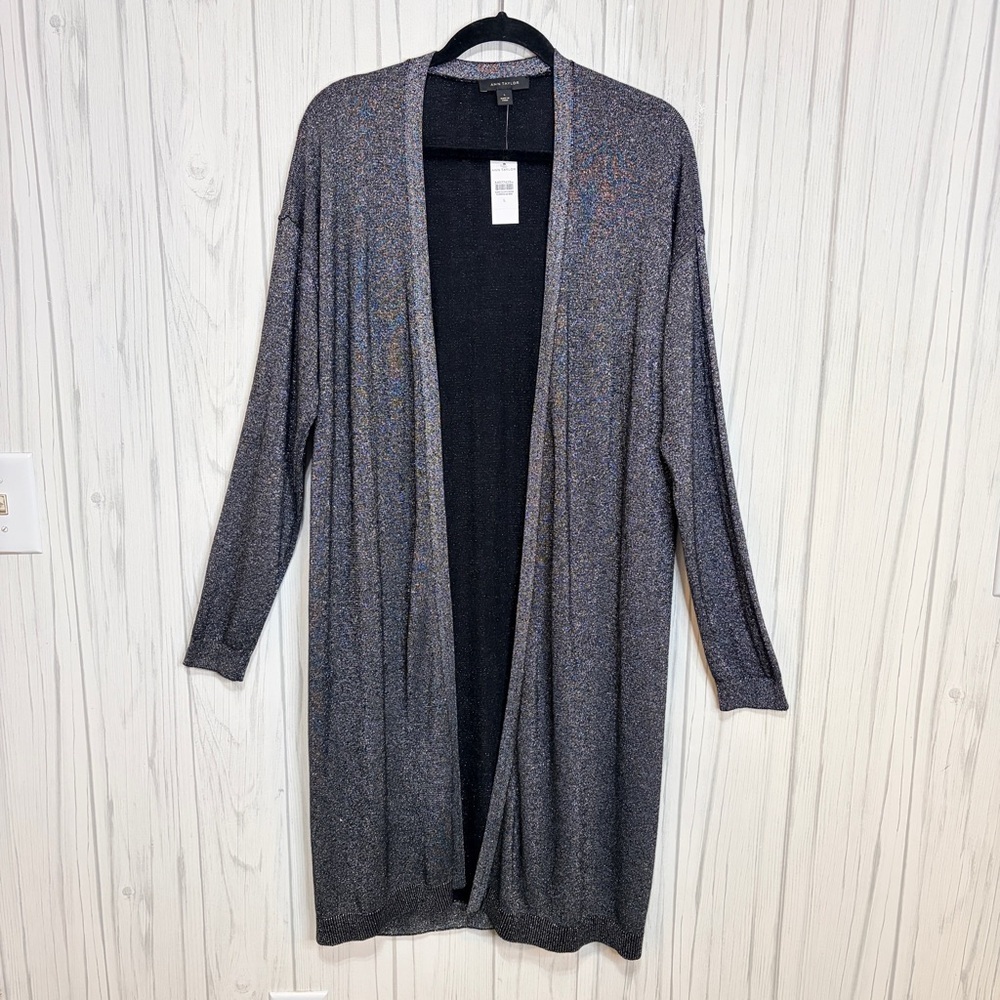 NWT ANN TAYLOR Lightweight Metallic Silver‎ & Black Open Front Duster, Large
